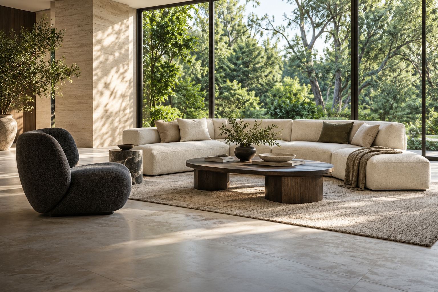 Contemporary living room with a modular sofa, sculptural lounge chair and dark wood coffee table